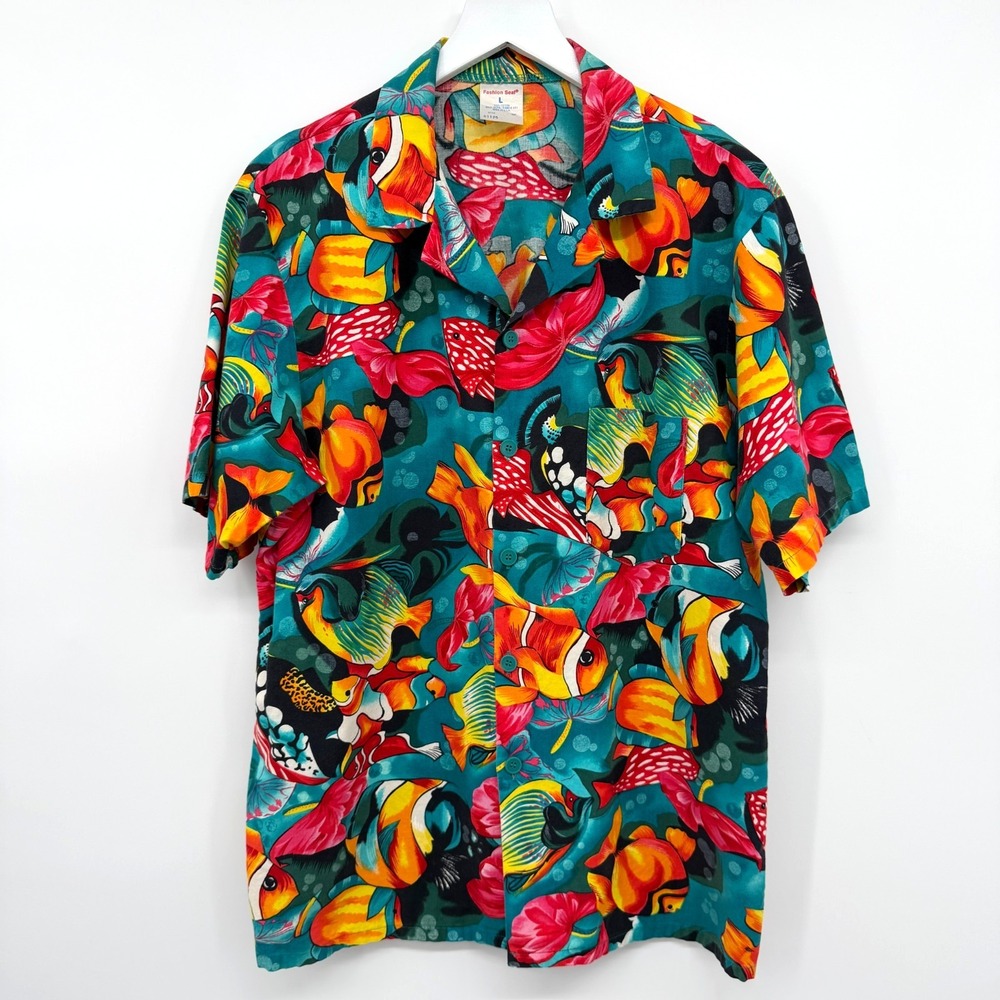 Vintage Hawaiian Shirt Mens Large Tropical Fish Beachy Coastal Resort Island USA